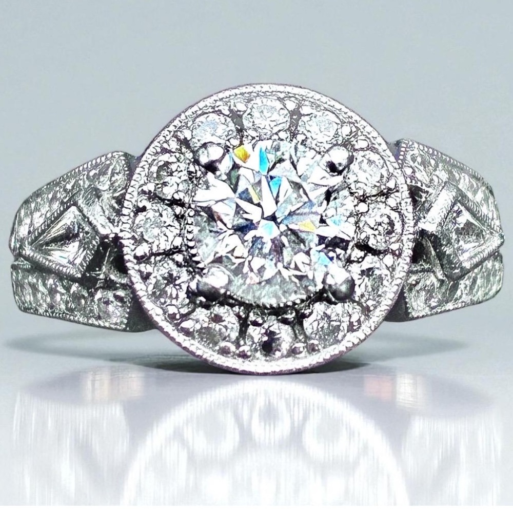 Platinum Diamond Halo Ring: Vintage Milgrain Design, 0.77 ct Center Stone